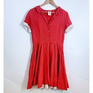 Son de Flor Red Linen Classic Dress Short Sleeve Peter Pan Collar Womens Size S